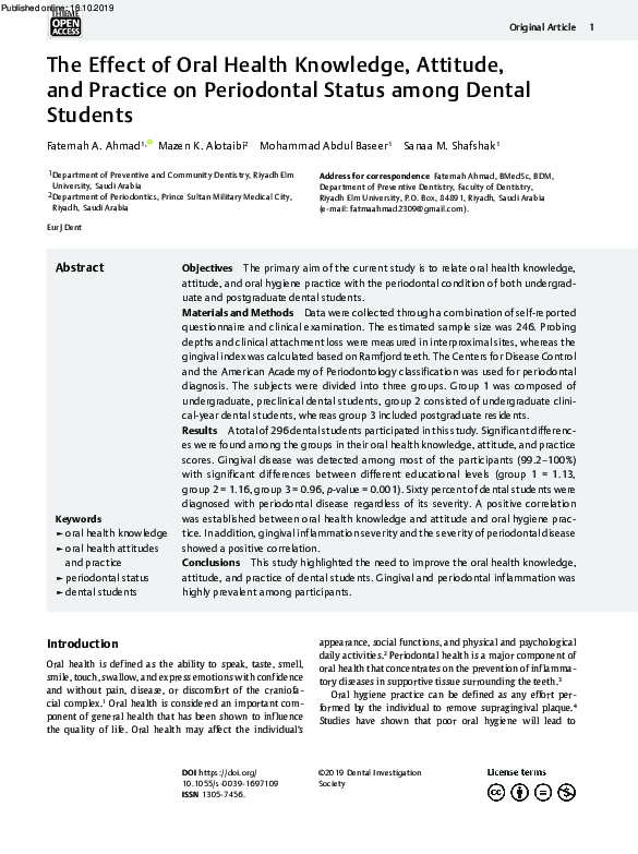 (PDF) The Effect of Oral Health Knowledge, Attitude, and Practice on ...