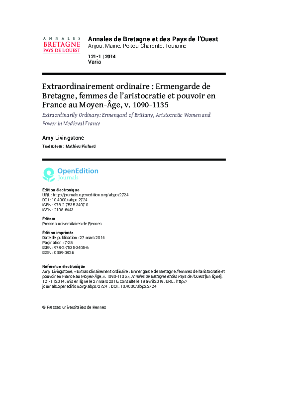 Extraordinairement ordinaire : Ermengarde de Bretagne, femmes de l’aristocratie et pouvoir en France au Moyen-Âge, v. 1090-1135
