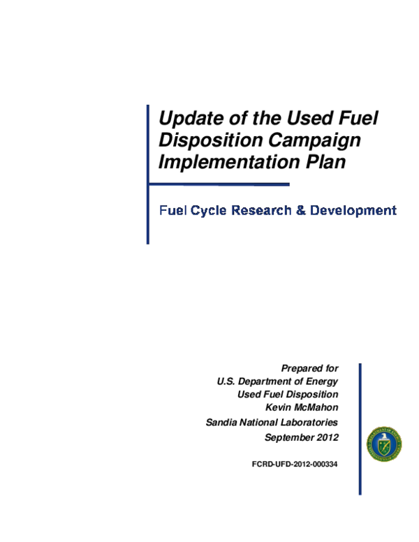 (PDF) Update of the Used Fuel Disposition Campaign Implementation Plan
