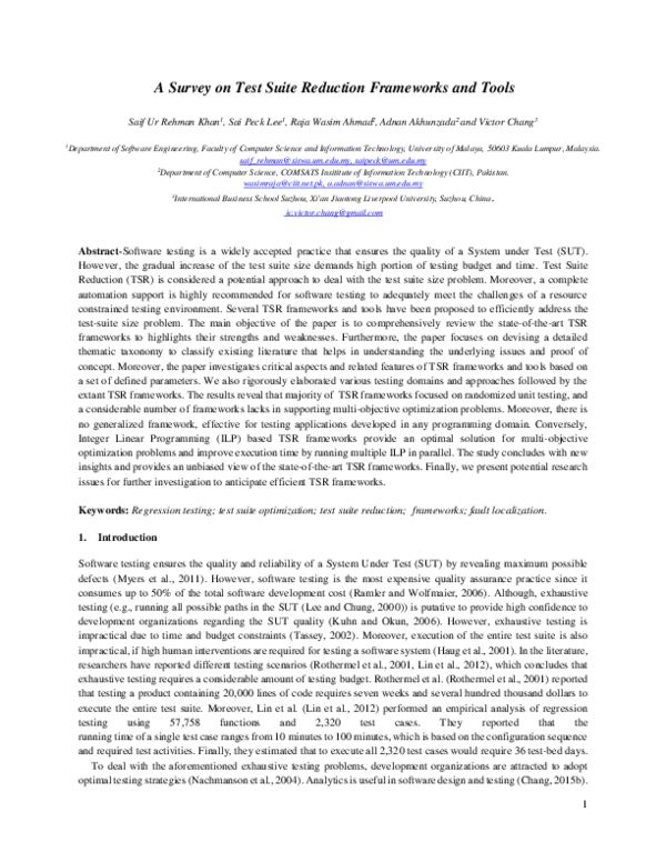 (PDF) A survey on Test Suite Reduction frameworks and tools