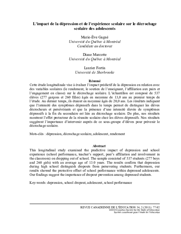 (PDF) L'impact De la Depression et De L'experience Scolaire Sur le ...