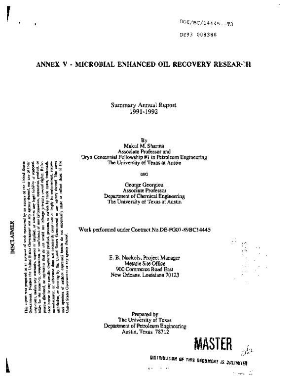 (PDF) Microbial enhanced oil recovery research. Annex 5, Summary annual ...
