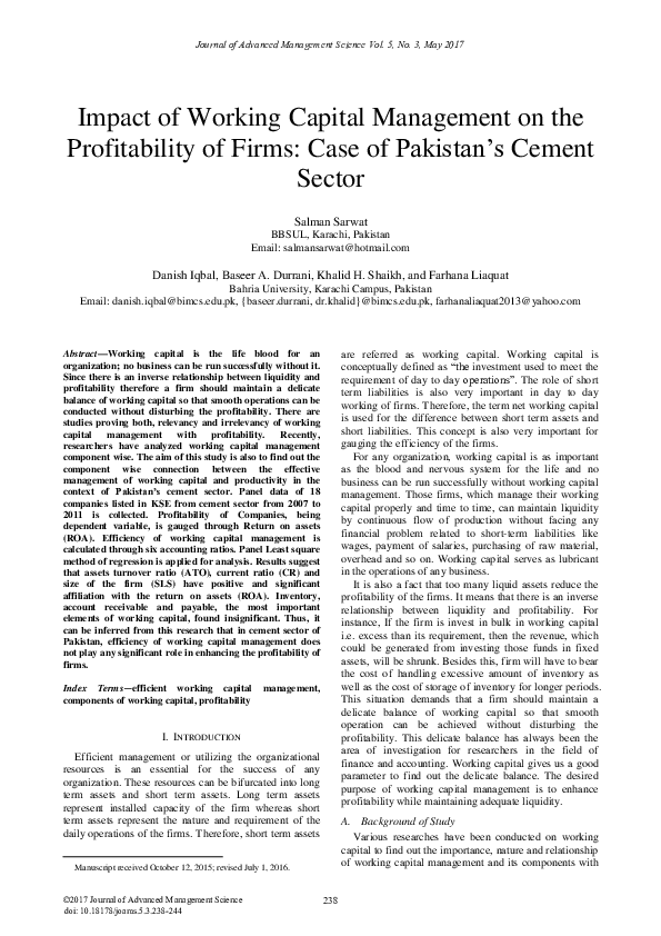 (PDF) Impact of Working Capital Management on the Profitability of ...