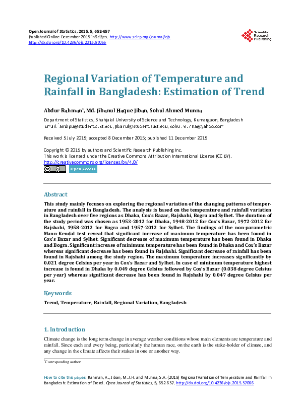 (PDF) Regional Variation of Temperature and Rainfall in Bangladesh ...