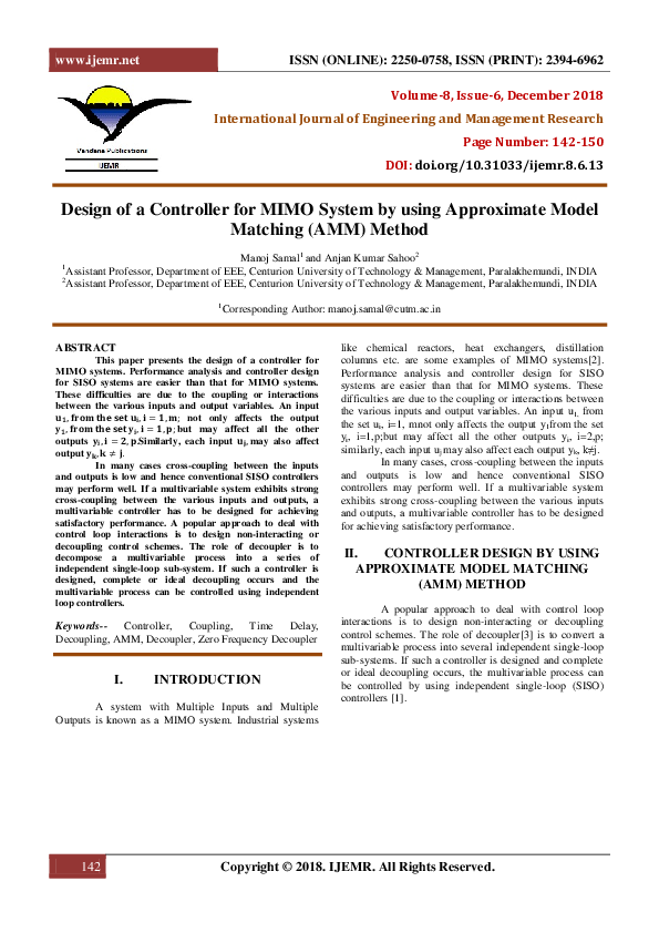 (PDF) Design of a Controller for MIMO System by using Approximate Model ...