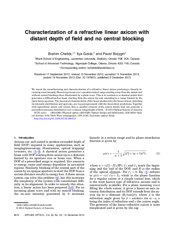 (PDF) Characterization of a refractive linear axicon with distant depth ...