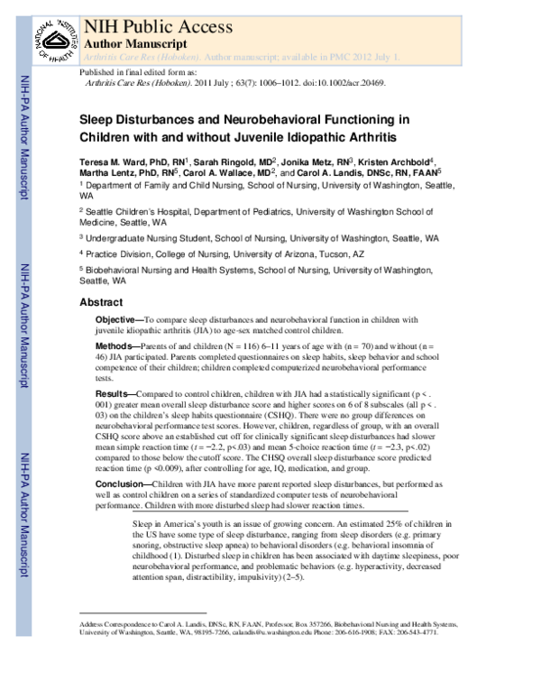 (PDF) Sleep disturbances and neurobehavioral functioning in children ...