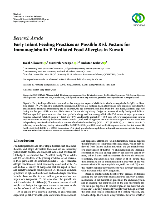 Pdf Early Infant Feeding Practices As Possible Risk Factors For