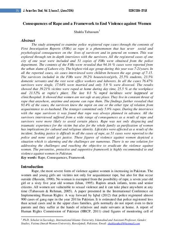 (PDF) Consequences of Rape and a Framework to End Violence against Women