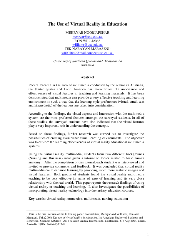 (PDF) The use of virtual reality in education