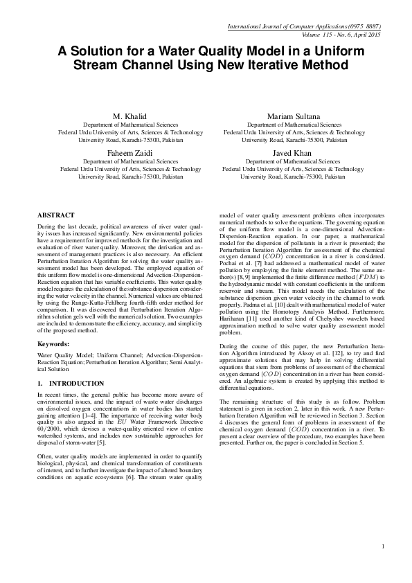 (PDF) A Solution for a Water Quality Model in a Uniform Stream Channel ...