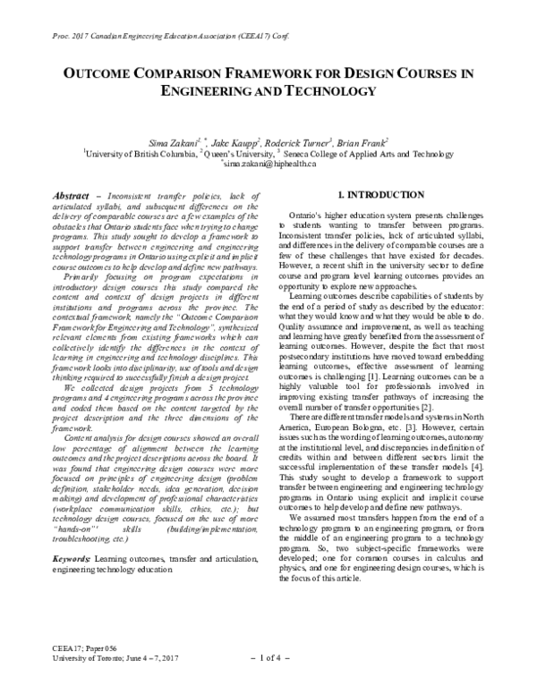 (PDF) Outcome Comparison Framework for Design Courses in Engineering ...