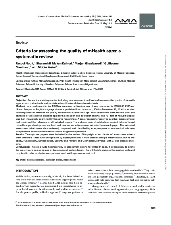 (PDF) Criteria for assessing the quality of mHealth apps: a systematic ...