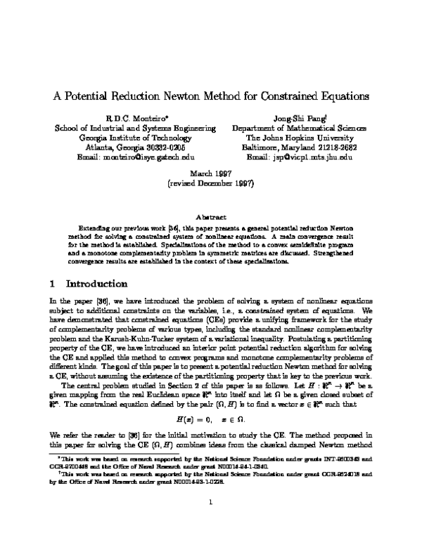 (PDF) A Potential Reduction Newton Method for Constrained Equations