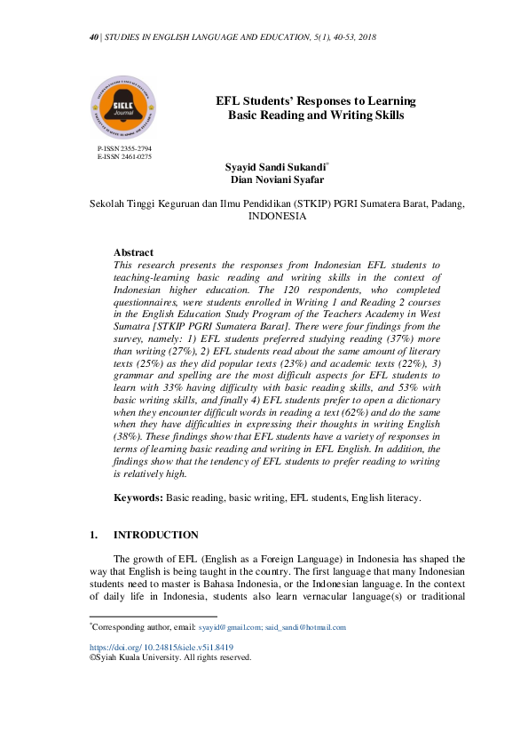 (PDF) EFL students’ responses to learning basic reading and writing skills