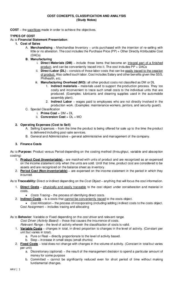 (PDF) COST CONCEPTS, CLASSIFICATION AND ANALYSIS Study Notes