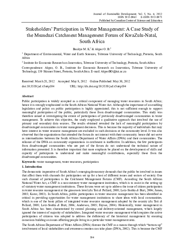 (PDF) Stakeholders’ Participation in Water Management: A Case Study of ...
