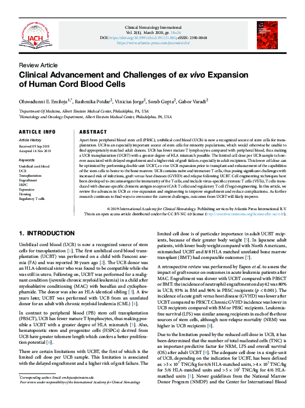 (PDF) Clinical Advancement and Challenges of ex vivo Expansion of Human ...