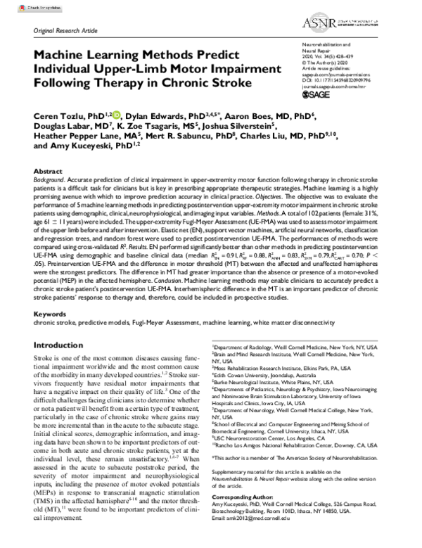 (PDF) Machine Learning Methods Predict Individual Upper-Limb Motor ...
