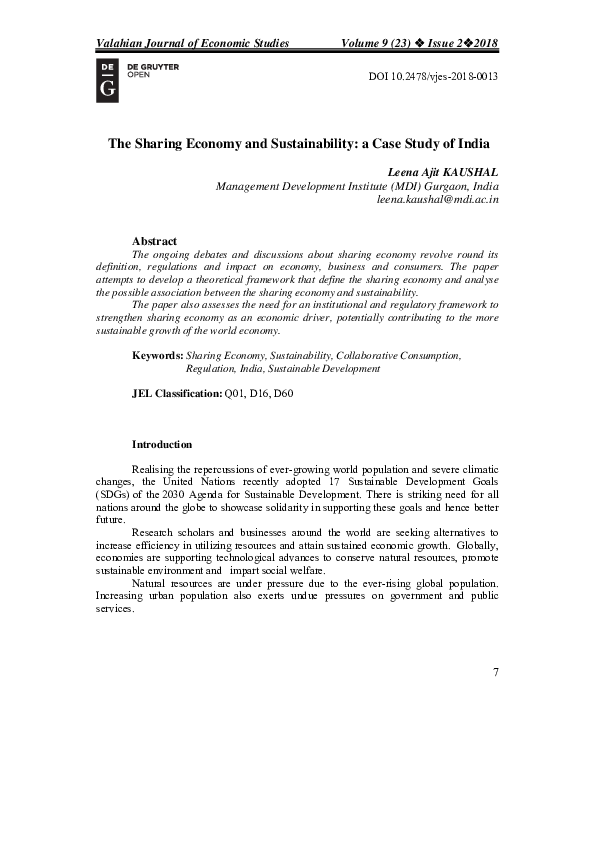 (PDF) The Sharing Economy and Sustainability: a Case Study of India