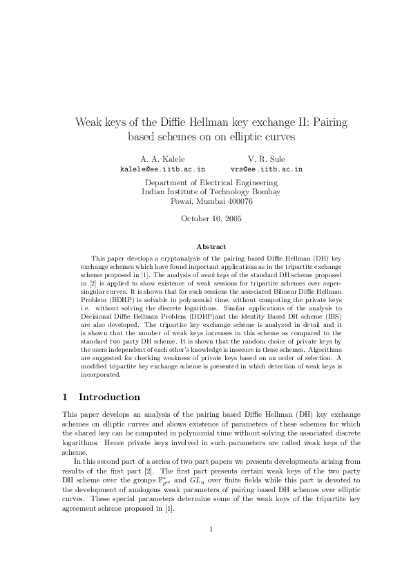(PDF) Weak keys of the Diffie Hellman key exchange II: Pairing based ...