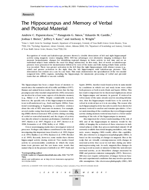 (PDF) The Hippocampus and Memory of Verbal and Pictorial Material