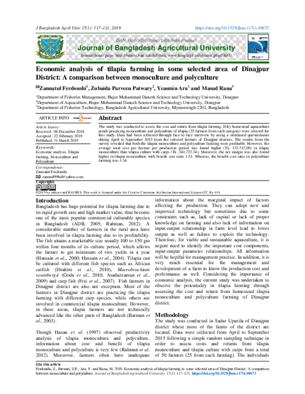 (PDF) Economic analysis of tilapia farming in some selected area of