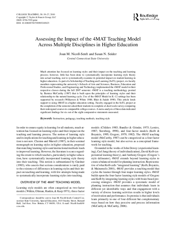 (PDF) Assessing the Impact of the 4MAT Teaching Model Across Multiple ...