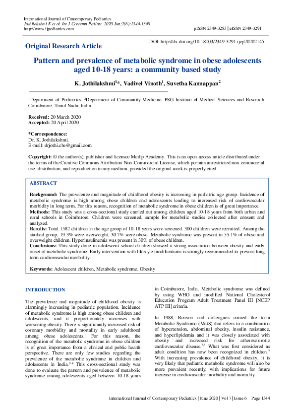 (PDF) Pattern and prevalence of metabolic syndrome in obese adolescents ...