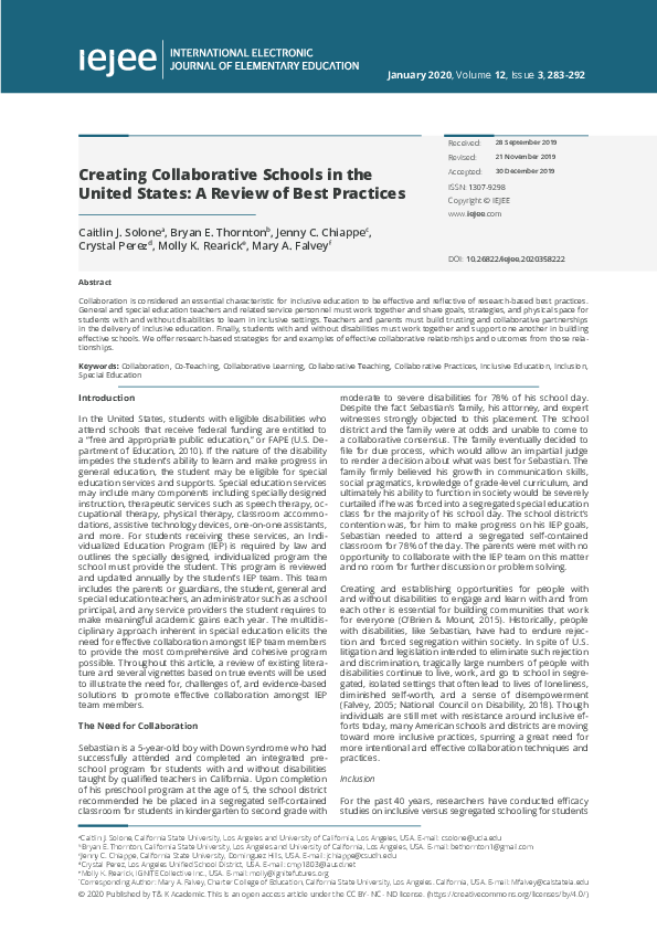 (PDF) Creating Collaborative Schools in the United States: A Review of ...