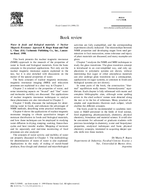 (PDF) Water in foods and biological materials. A Nuclear Magnetic ...