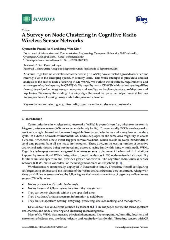 (PDF) A Survey on Node Clustering in Cognitive Radio Wireless Sensor ...