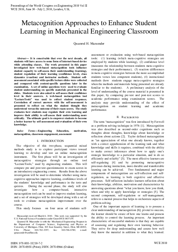(PDF) Metacognition Approaches to Enhance Student Learning in ...