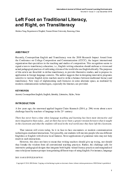 (PDF) Left Foot on Traditional Literacy, and Right, on Transliteracy