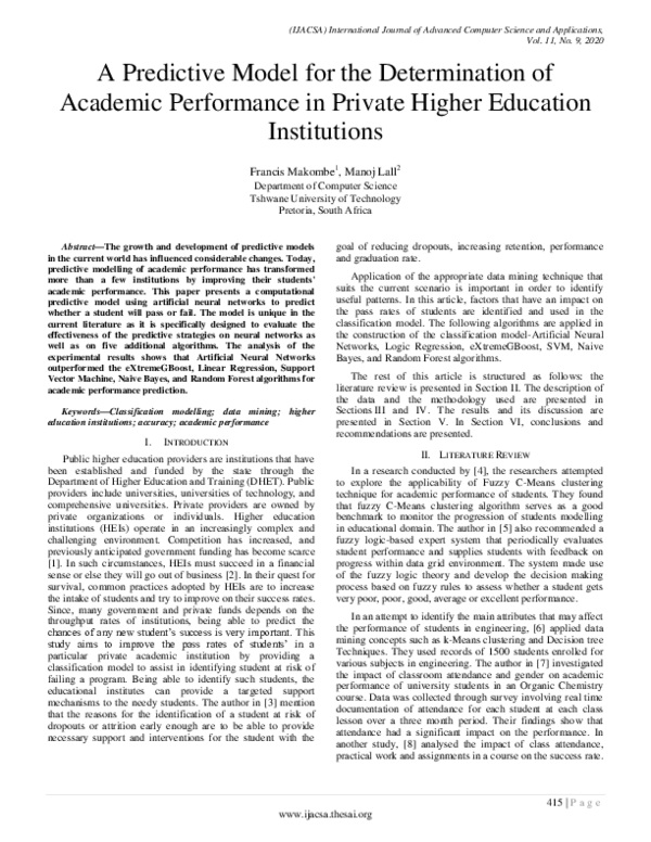 (PDF) A Predictive Model for the Determination of Academic Performance ...