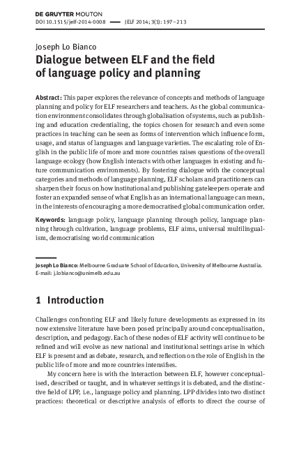 (PDF) Dialogue between ELF and the field of language policy and planning