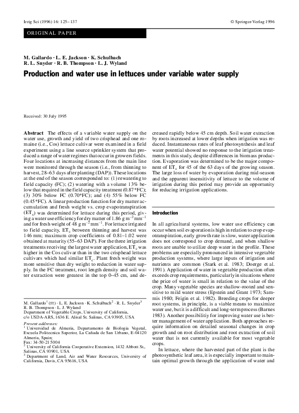 (PDF) Production and water use in lettuces under variable water supply
