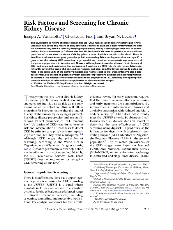 (PDF) Risk Factors and Screening for Chronic Kidney Disease