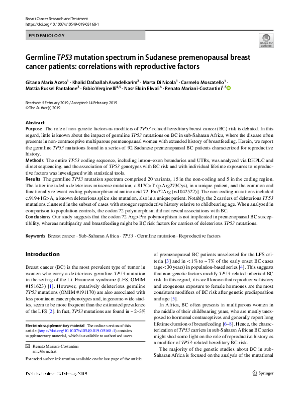 (PDF) Germline TP53 mutation spectrum in Sudanese premenopausal breast ...