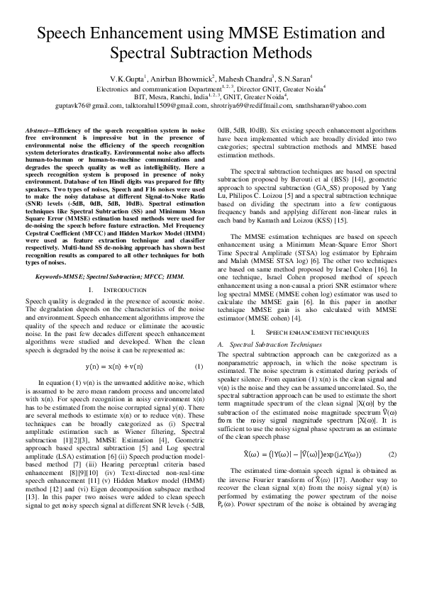 (PDF) Speech Enhancement Using MMSE Estimation and Spectral Subtraction ...