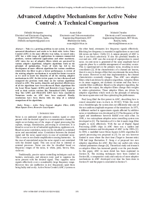 (PDF) Advanced adaptive mechanisms for active noise control: A ...