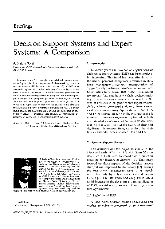 (PDF) Decision support systems and expert systems: A comparison