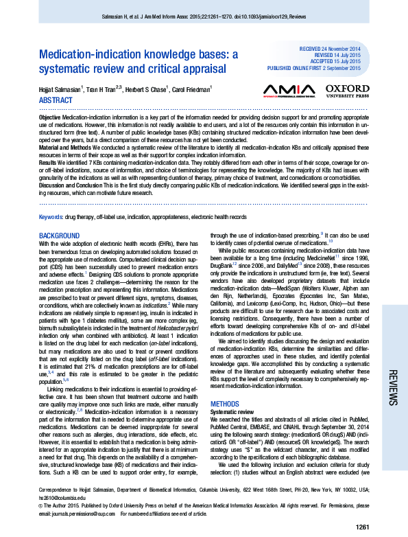 (PDF) Medicationindication knowledge bases a systematic review and