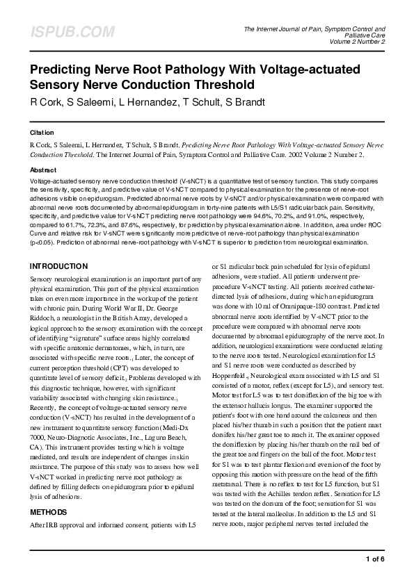(PDF) Predicting Nerve Root Pathology With Voltageactuated Sensory Nerve Conduction Threshold