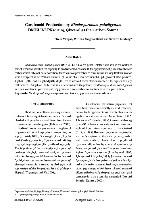 (PDF) Carotenoid Production by Rhodosporidium paludigenum DMKU3-LPK4 ...