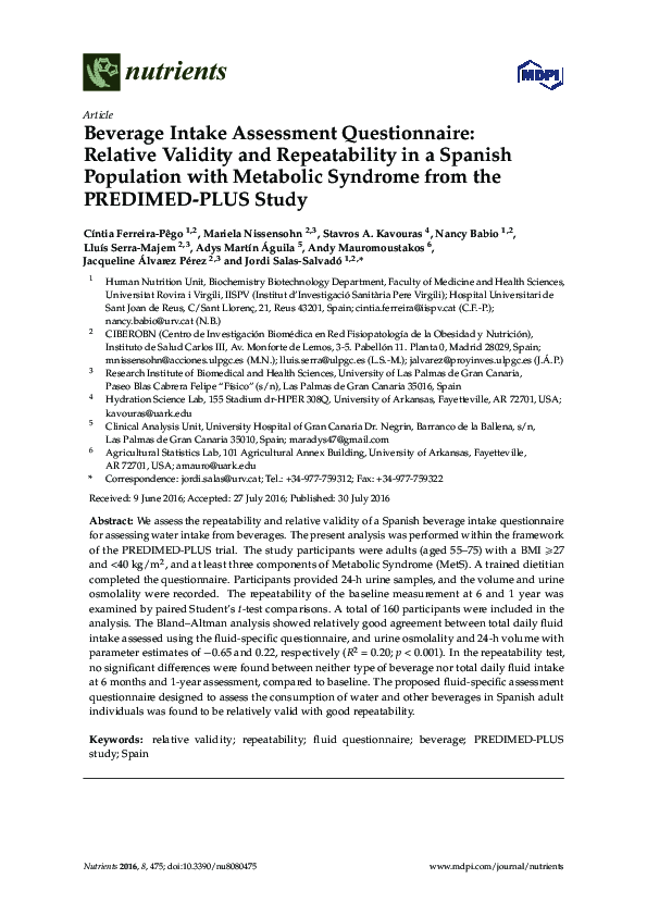 (PDF) Beverage Intake Assessment Questionnaire: Relative Validity and ...