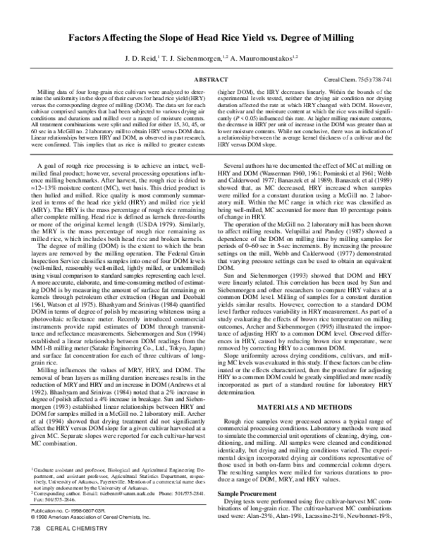 (PDF) Factors Affecting the Slope of Head Rice Yield vs. Degree of Milling