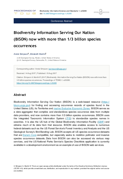 (PDF) Biodiversity Information Serving Our Nation (BISON): The national ...