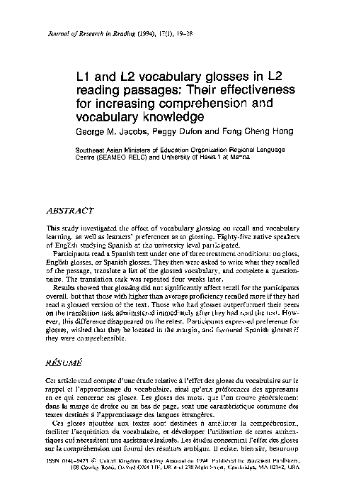 (PDF) L1 and L2 vocabulary glosses in L2 reading passages: Their ...