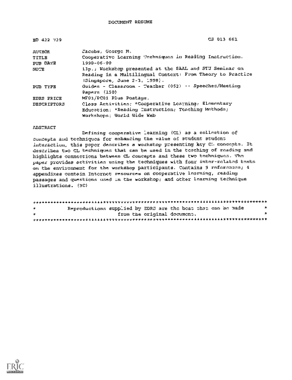 Pdf Cooperative Learning Techniques In Reading Instruction